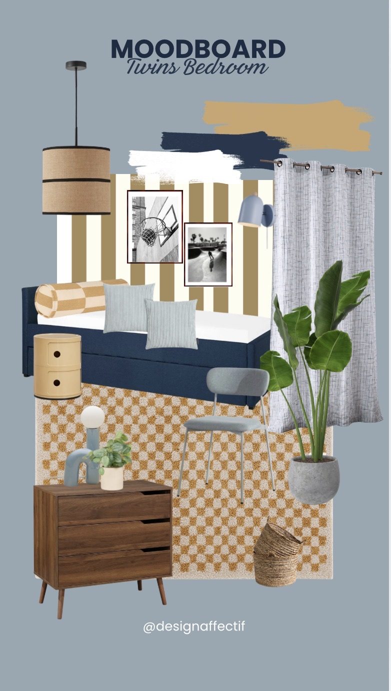 Planche d'ambiance de la chambre : rayures moutarde, bleu marine, noyer et lin