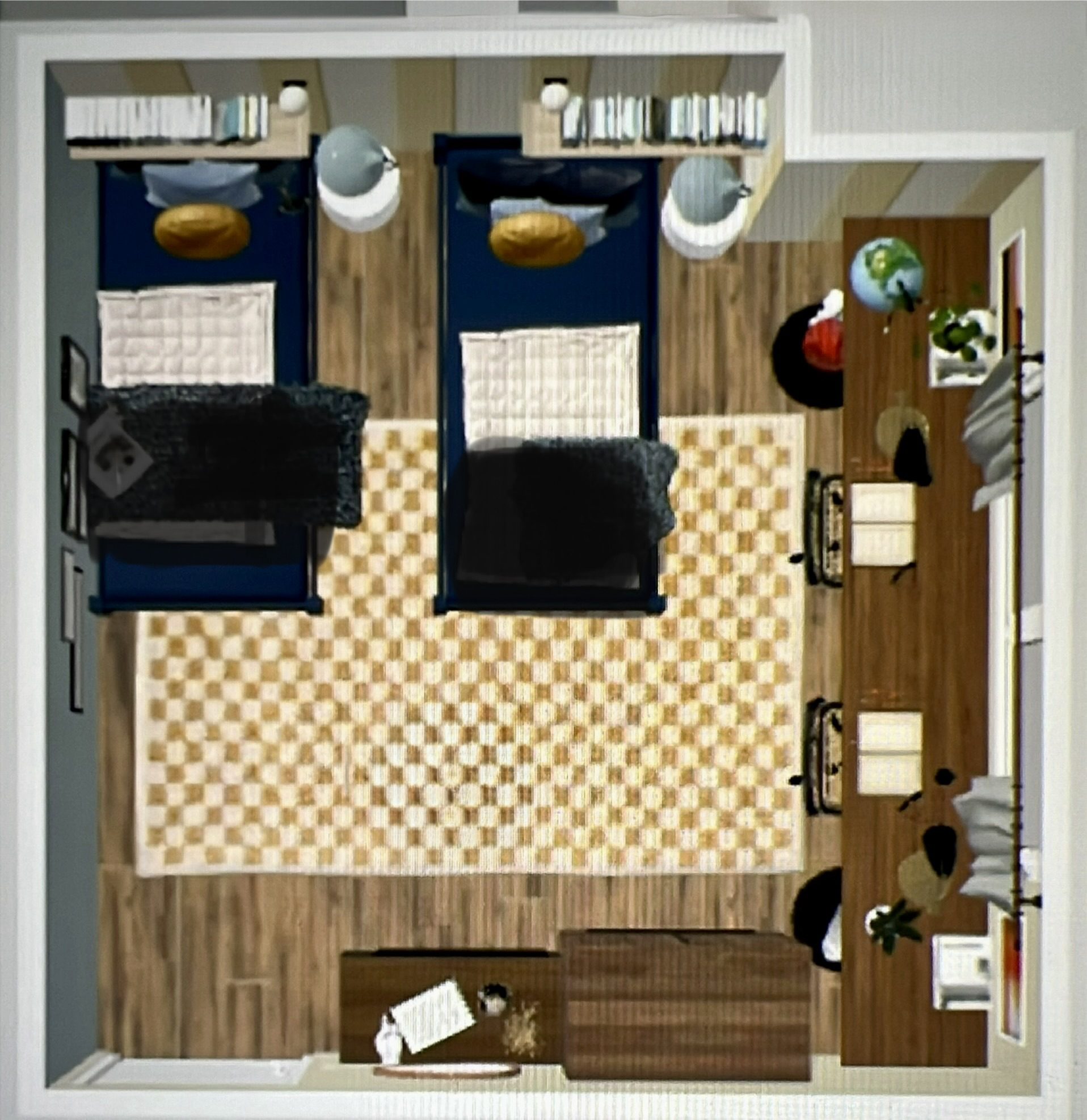 Plan d'aménagement en 3D de la chambre, vue de dessus