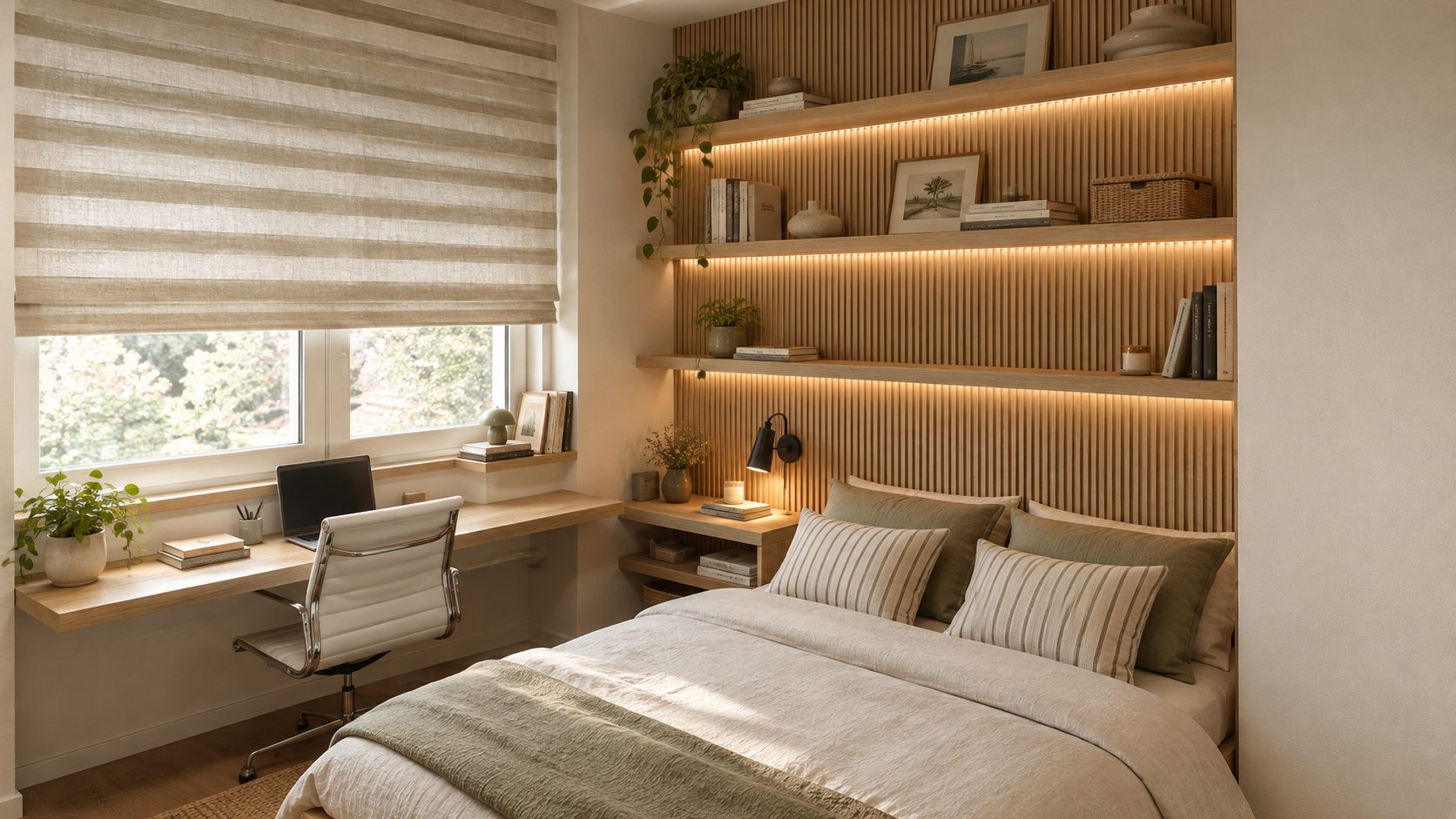 Chambre avec tête de lit en tasseaux et bureau intégré