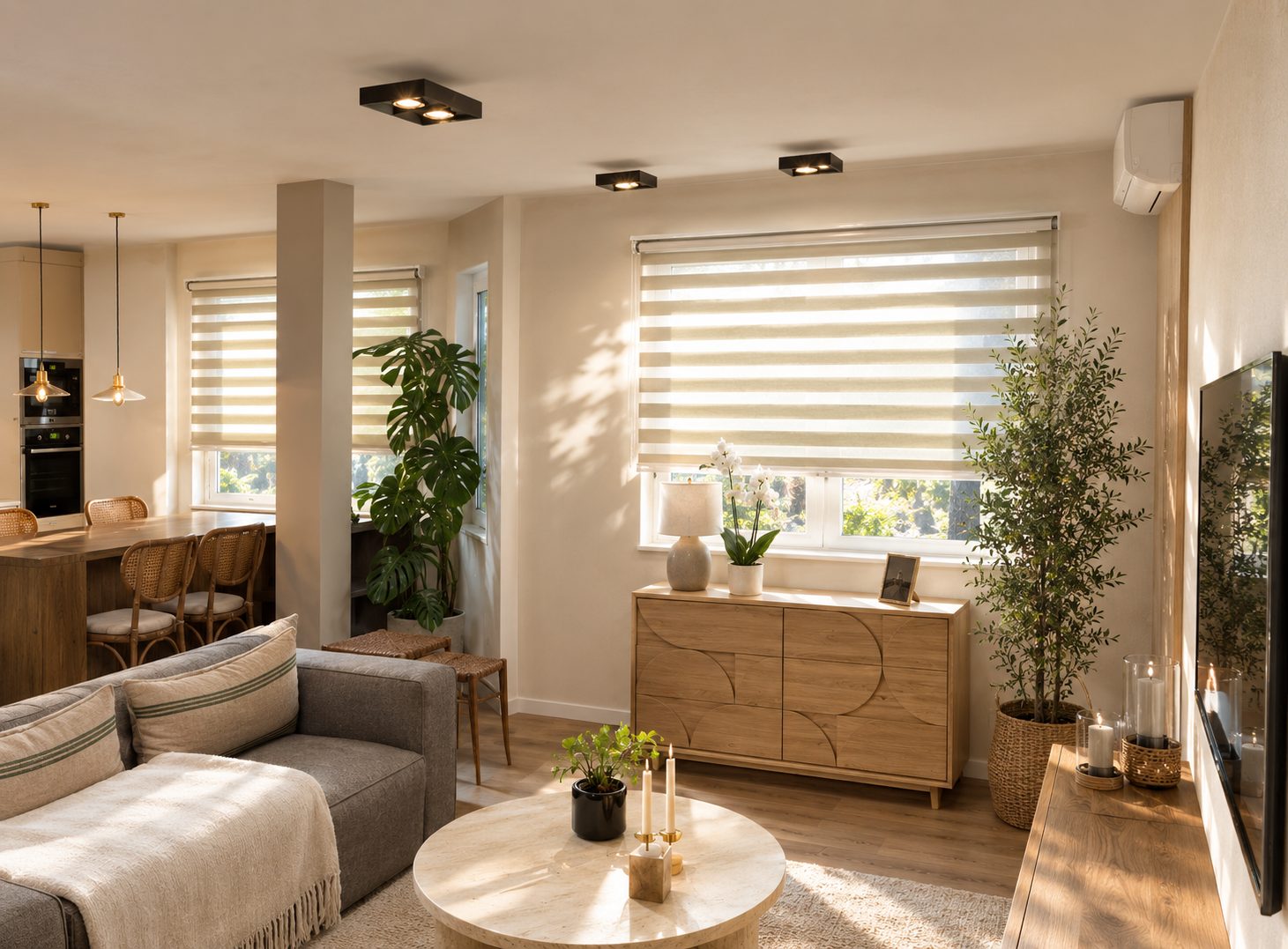 Coin salon lumineux, tons beige et taupe