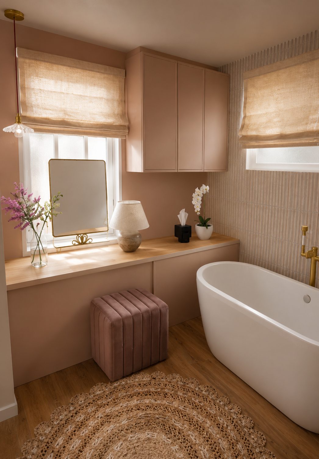 Coiffeuse rose poudré et pouf plissé près de la baignoire