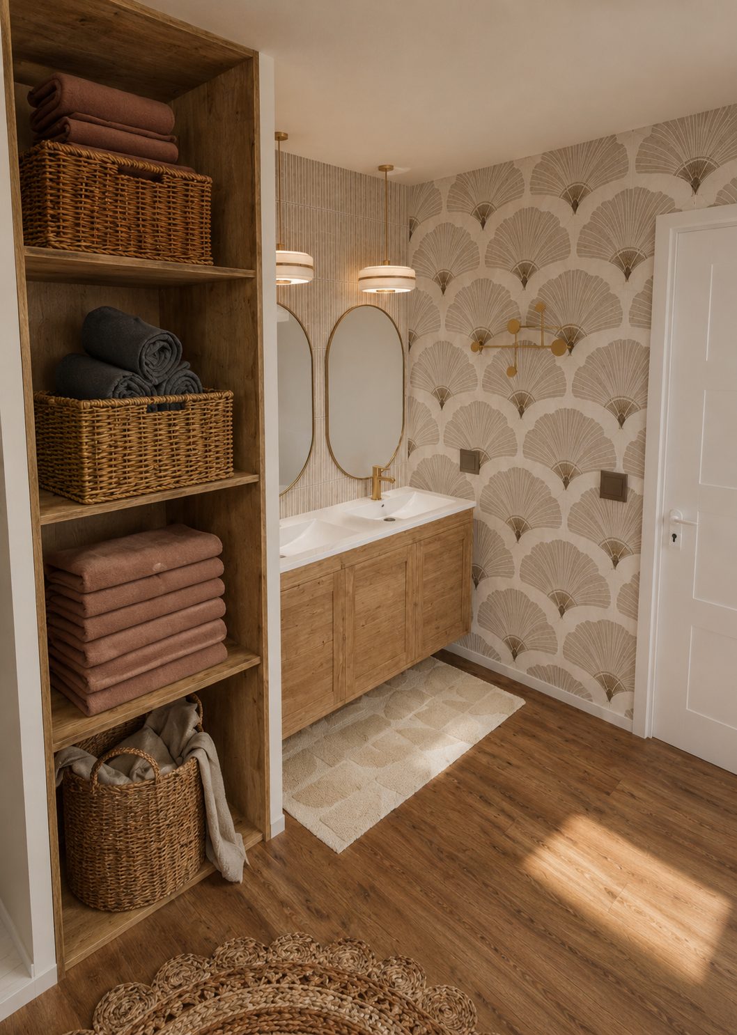 Rangements ouverts, paniers tressés et double miroir