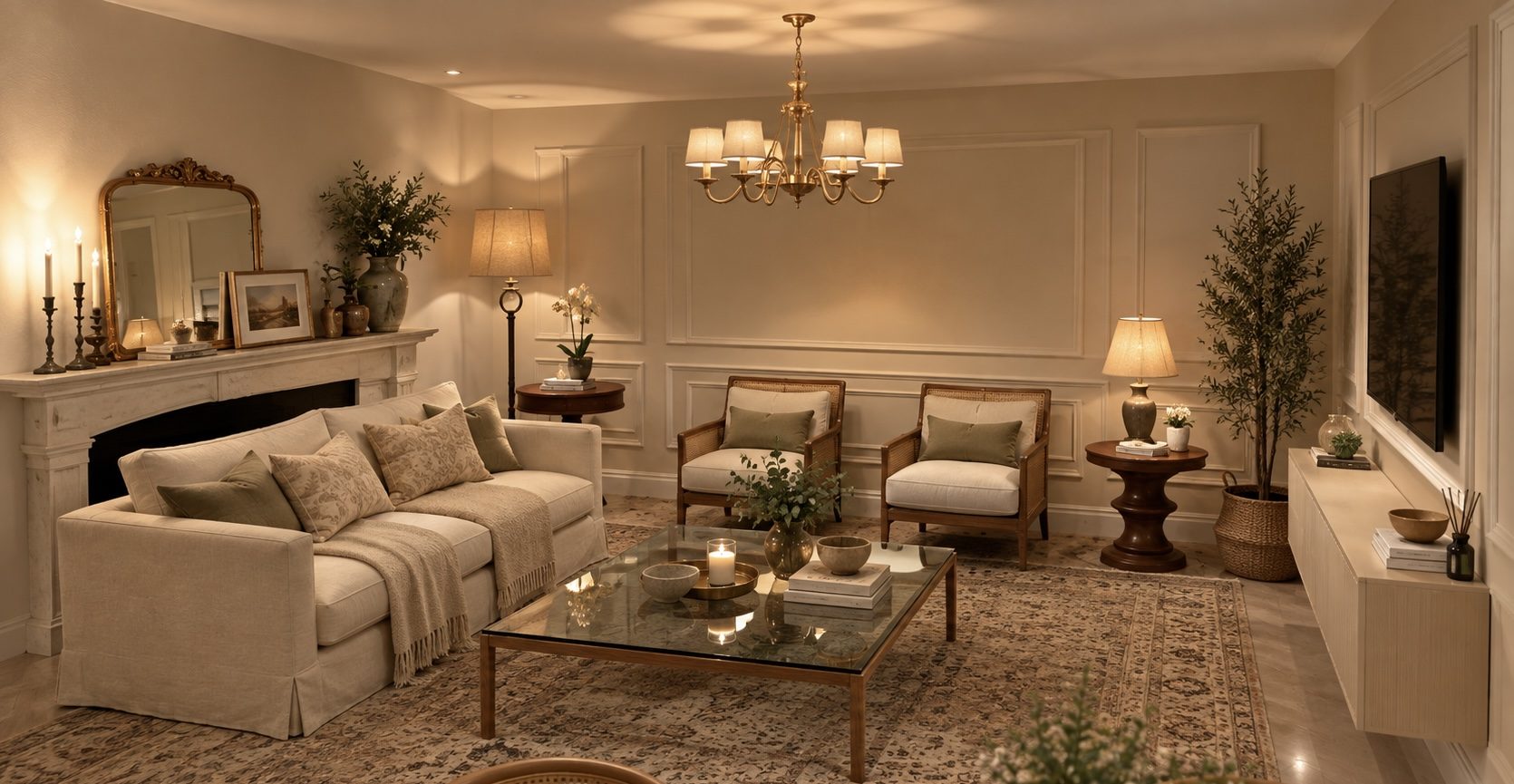 Salon New Traditional à Abu Dhabi : cheminée, miroir doré, fauteuils en cannage et lustre en laiton