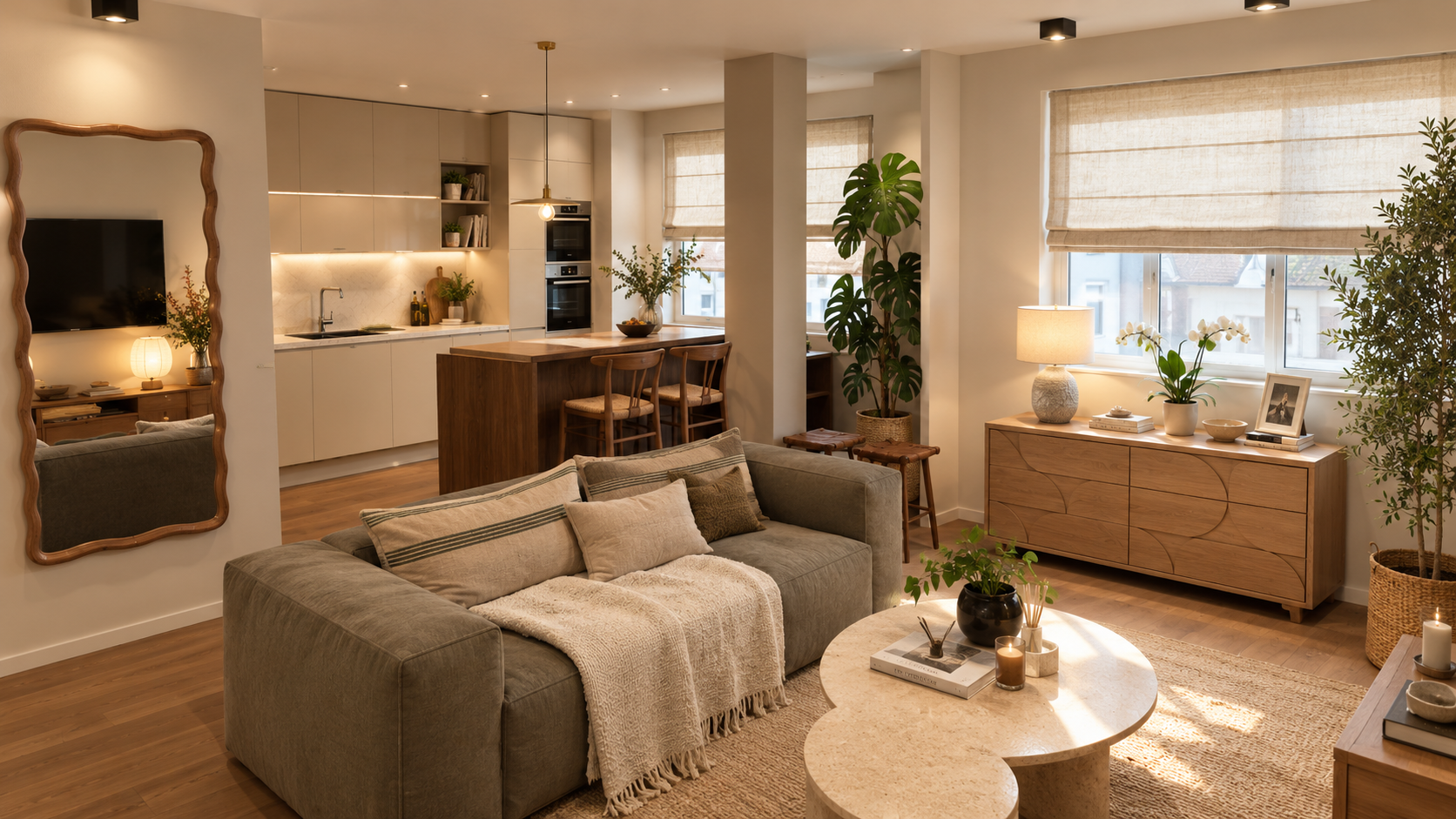 Salon lumineux et chaleureux, cuisine ouverte et coin repas